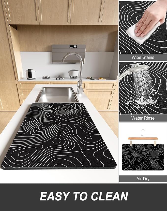Rnivvi Dish Drying Mat for Kitchen Counter, XL 15 x 24" Cute Marble Super Absorbent Draining Pad, Non-Slip Heat Resistant Coffee Bar Mats for Coffee Machine Station Accessories, Line Art Dish Rack Pad - Image 6