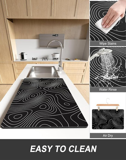 Rnivvi Dish Drying Mat for Kitchen Counter, XL 15 x 24" Cute Marble Super Absorbent Draining Pad, Non-Slip Heat Resistant Coffee Bar Mats for Coffee Machine Station Accessories, Line Art Dish Rack Pad - Image 6