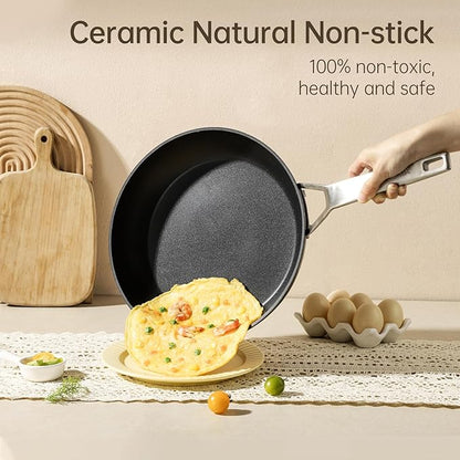 MsMk 11 Inch Nonstick Frying Pan with Lid，Titanium and Ceramic Nonstick skillet, PFOA Free Non-Toxic, Stay-Cool Handle, Scratch-resistant, Induction Skillet With Lid for Induction, Ceramic