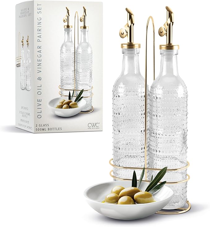 COOK WITH COLOR Glass Olive Oil Bottle Dispenser - 2 Pack- 17oz Oil and Vinegar Cruet - Olive Oil Carafe Decanter for Kitchen, Champagne Bubbles, Clear by CookwithColor