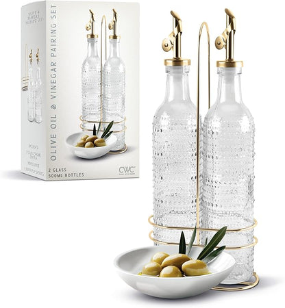 COOK WITH COLOR Glass Olive Oil Bottle Dispenser - 2 Pack- 17oz Oil and Vinegar Cruet - Olive Oil Carafe Decanter for Kitchen, Champagne Bubbles, Clear by CookwithColor