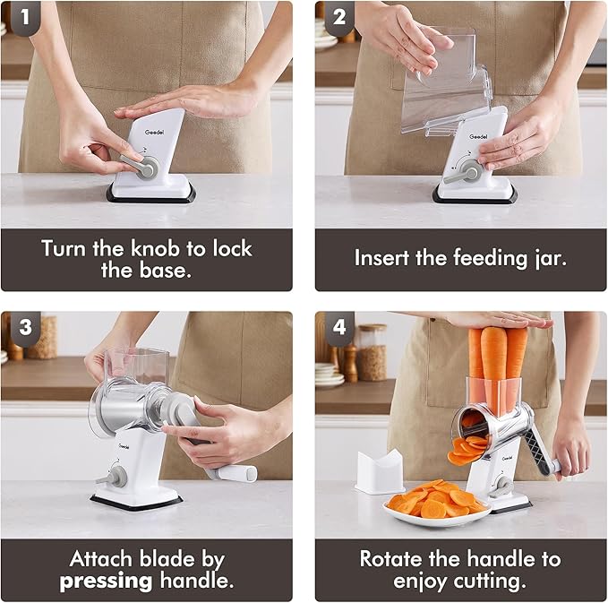 Geedel Rotary Cheese Grater - Upgraded Vegetable Shredder with 4 Interchangeable Blades, Easy to Clean Cheese Shredder with Handle, Kitchen Grater Nuts Grinder for Cutting Cheese, Vegetable, Nuts - Image 8