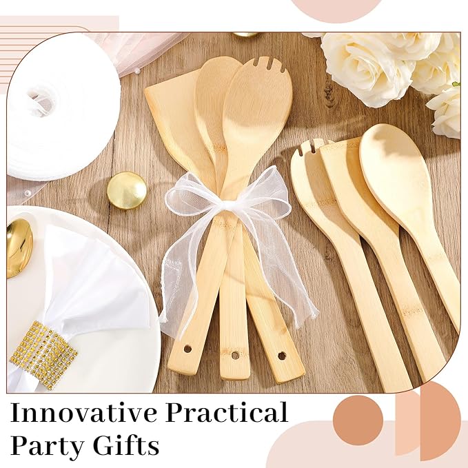 Reallnaive 108 Pcs Bamboo Spatula Wooden Kitchen Utensil Bulk 12''wood Spoon Spatula for Cooking with Ribbon Bridal Baby Shower Game Prize Wedding Party Favors Housewarming Gift (Natural Style)