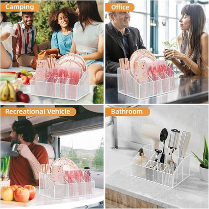 Metal Paper Plate Dispenser Holders, Disposable Paper Plate Utensils Holder for Party, Napkin Cups-Silverware Cutlery Holder Caddy for Kitchen Counter, White