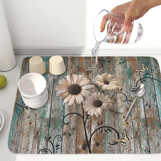 Dish Drying Mat for Kitchen Counter 18 x 24 Inch Rustic Vintage Daisy Floral Dish Drainer Mat Absorbent Microfiber Farmhouse Flowers Wooden Board Dish Rack Pad for Coffee Dining Bar Decor