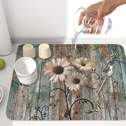 Dish Drying Mat for Kitchen Counter 18 x 24 Inch Rustic Vintage Daisy Floral Dish Drainer Mat Absorbent Microfiber Farmhouse Flowers Wooden Board Dish Rack Pad for Coffee Dining Bar Decor
