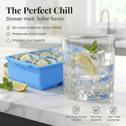 KitchFort Large Silicone Ice Cube Tray (3-Pack), Easy Release 2" Big Ice Cubes - Cocktail, Whiskey Ice Cubes Mold - Ice Trays for Freezer with Lid - Stackable Silicone Ice Tray - Blue