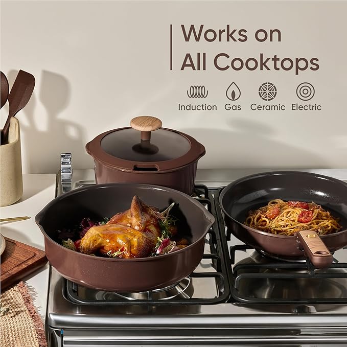 CAROTE Pots and Pans Set, Ceramic Cookware Set Non Stick with Detachable Handle, RV Kitchen Cooking Set, Induction & Oven Safe, Non-Toxic, PFAS and PFOA Free, Dark Choco, 19 Pcs - Image 7