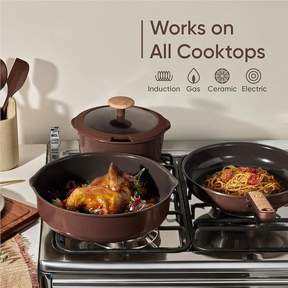 CAROTE Pots and Pans Set, Ceramic Cookware Set Non Stick with Detachable Handle, RV Kitchen Cooking Set, Induction & Oven Safe, Non-Toxic, PFAS and PFOA Free, Dark Choco, 19 Pcs - Image 7