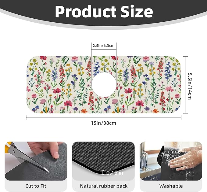 Watercolor Wildflower Dish Drying Mat for Kitchen Counter, 16"x18" Microfiber Absorbent Fast Dry Mat, 2Pcs Dish Mat Faucet Mats Sets, Large Drying Kitchen Mat Kitchen Drying Pad Coffee Bar Decor Gifts