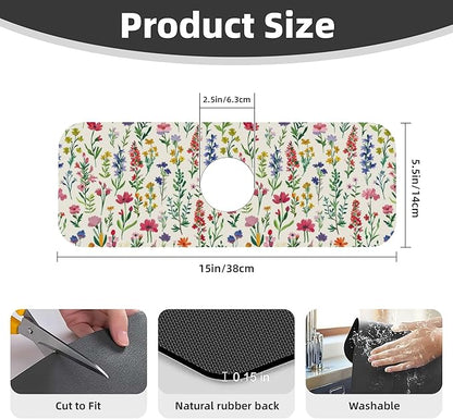 Watercolor Wildflower Dish Drying Mat for Kitchen Counter, 16"x18" Microfiber Absorbent Fast Dry Mat, 2Pcs Dish Mat Faucet Mats Sets, Large Drying Kitchen Mat Kitchen Drying Pad Coffee Bar Decor Gifts