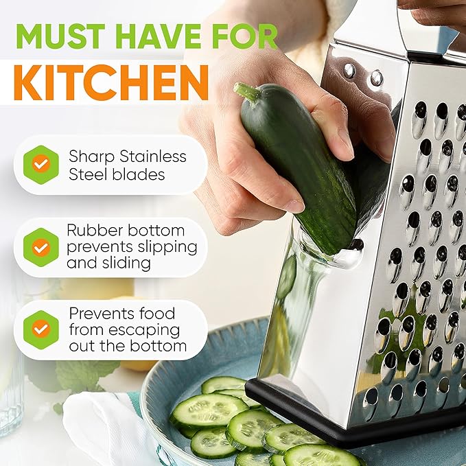Spring Chef Professional Large Parmesan Cheese Grater, Stainless Steel Metal Box Grater with Handle, 4 Sided Handheld Kitchen Food Shredder for Cheese, Carrot, Veggie, Ginger, Potato - Dishwasher Safe - Image 4