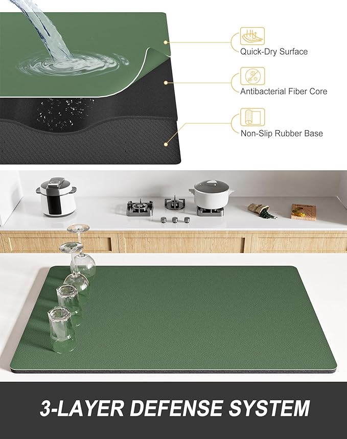 Rnivvi Dish Drying Mat for Kitchen Counter, 12 x 19" Super Absorbent Drainer Pad Easy Clean Dish Rack Pad, Non-Slip Heat Resistant Coffee Bar Mats for Coffee Machine Station Accessories, Forest Green - Image 4