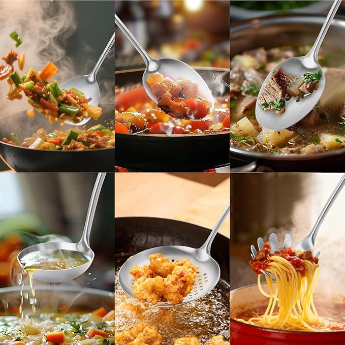 Izurok 18/10 Stainless Steel Kitchen Utensils Set,6 Piece Cooking Utensils With Wood Handle,Heat Resistant Kitchen Tool Set With Spatula, Spoon, Ladle, Skimmer, Slotted Spoon, Pasta - Image 7