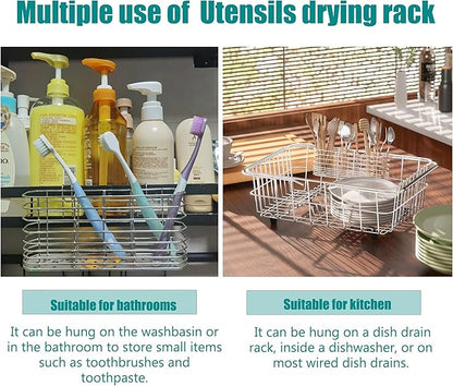 NiuYichee 304 Stainless Steel Utensil Holder, Dish Drying Rack, kitchen Utensil Organizer, Knife and Fork Drainage Rack, Kitchen Drainage Basket Accessories, With Hooks, Rust Proof, Color-Silver - Image 5