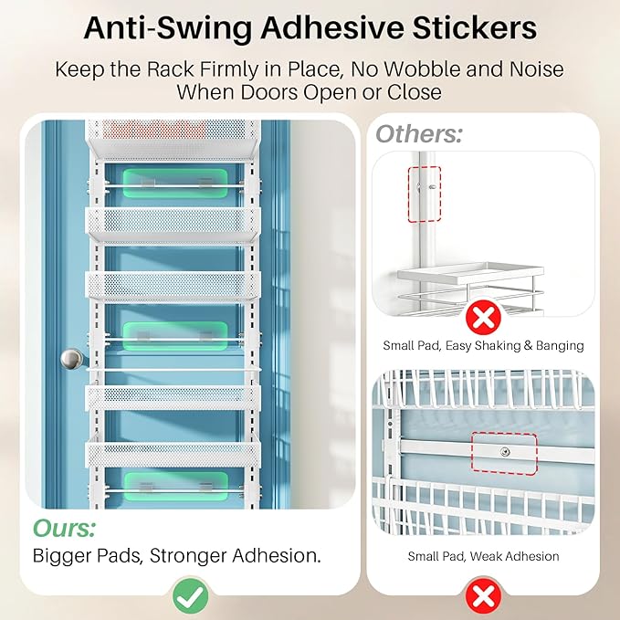 8 Tiers Over the Door Organizer - Height Adjustable Pantry Organizers and Storage with Dense Mesh Baskets, Anti-Swing Hanging Door Spice Rack for Kitchen Bathroom (White, 12.3"W x 4.7"D x 69"H) - Image 8