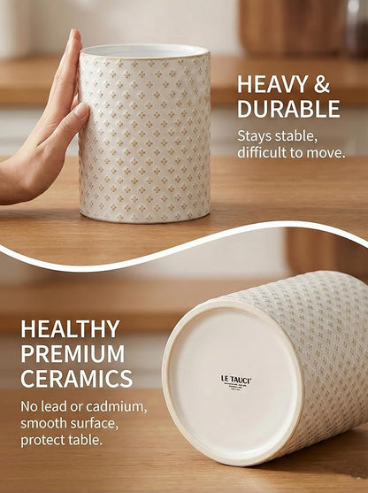 LE TAUCI Utensil Holder for Kitchen Counter - 7.1" Large Ceramic Kitchen Utensil Holder, Embossed Cooking Utensil Crock for Spatula, Spoon - Farmhouse Kitchen Decor & Organizer, White, Clover - Image 4