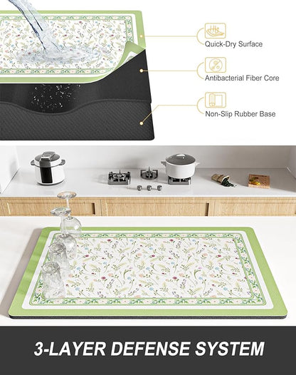 Rnivvi Dish Drying Mat for Kitchen Counter, XL 15 x 24" Cute Flower Theme Absorbent Draining Pad, Non-Slip Heat Resistant Coffee Bar Mat for Coffee Machine Station Accessories, Green Dish Rack Pad - Image 4