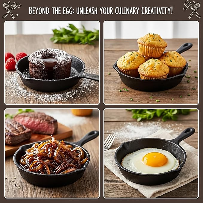 Hiceeden 4 Pack Mini Cast Iron Skillet, 4" Small Frying Pans with Double Drip-Spouts for Stove, Oven, Grill Safe, Indoor and Outdoor Use, Non-stick - Image 6