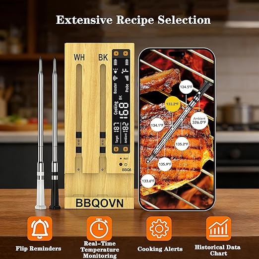 BBQOVN WiFi Sub-1G Wireless Meat Thermometer Unlimited Range 7 NIST Certified Sensors with Ambient Temp 2 Temp Monitoring Ways Digital Smart Base and App for BBQ, Smoker, Grill, Oven (Dual Probes)