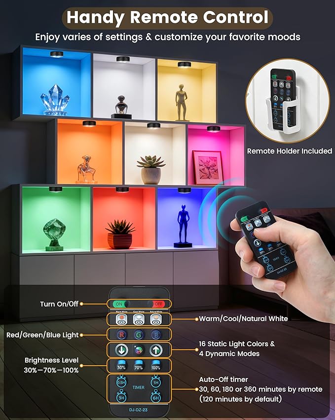 Puck Lights with Remote Control, Battery Operated Wireless LED Under Cabinet Lighting, Warm White & RGB Color Changing Stick on Tap Push Light for Kitchen Counter, Shelf, Closet, 6 Pack, Black