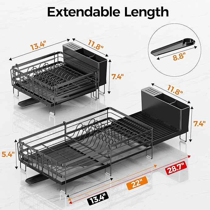 Delamu Stainless Steel Dish Drying Rack, Expandable Dish Drainer, Anti-Rust Large Dish Racks for Kitchen Counter, Dish Strainers with Drainboard, Utensil & Cup Holder, 13.4"-28.7" L x 11.8" W, Black - Image 6