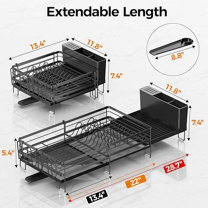 Delamu Stainless Steel Dish Drying Rack, Expandable Dish Drainer, Anti-Rust Large Dish Racks for Kitchen Counter, Dish Strainers with Drainboard, Utensil & Cup Holder, 13.4"-28.7" L x 11.8" W, Black - Image 6