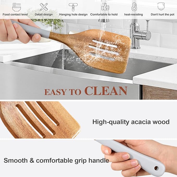 Wooden Spoons For Cooking, 6 Pieces Natural Acacia Wooden Cooking Utensils or Non-Stick Wooden Kitchen Utensil Set for Kitchen Essentials, Wood Cooking Utensils Set with Hanging Hole, Grey - Image 4