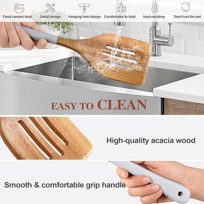 Wooden Spoons For Cooking, 6 Pieces Natural Acacia Wooden Cooking Utensils or Non-Stick Wooden Kitchen Utensil Set for Kitchen Essentials, Wood Cooking Utensils Set with Hanging Hole, Grey - Image 4