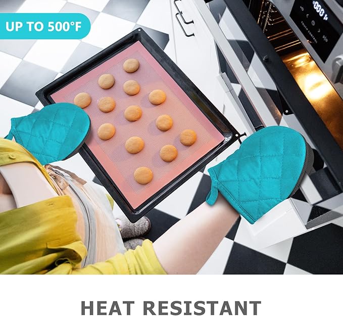 1 Pair Short Oven Mitts - Silicone Kitchen Oven Gloves High Heat Resistant 500℉, Mini Oven Mits with Non-Slip Grip Surfaces and Hanging Loop for BBQ, Baking, Cooking and Grilling (Coral Blue) - Image 2