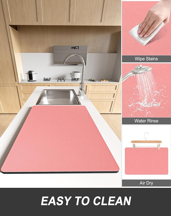 Rnivvi Dish Drying Mat for Kitchen Counter, 12 x 19" Super Absorbent Drainer Pad Easy Clean Dish Rack Pad, Non-Slip Heat Resistant Coffee Bar Mats for Coffee Machine Station Accessories, Rose Pink - Image 6