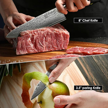 KEEMAKE Damascus Kitchen Knife Set, 2PCS Ultra Sharp 67-Layer Damascus Steel Chef Knife with G10 Non-Slip Handle, Elegant Box for Men Husband