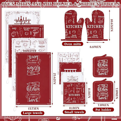 Bencailor 12 Pcs Farmhouse Kitchen Decor and Accessories Sets 4 Red Kitchen Towels 4 Absorbent Dishcloths 2 Pot Holders 2 Oven Mitts Gloves for Home Decor Mom Gifts