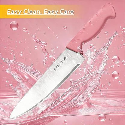 Knife Set, 6-Piece Kitchen Knife Set, German High Carbon Stainless Steel, Durable & Easy Clean Knife Block, Peach Pink - Image 4