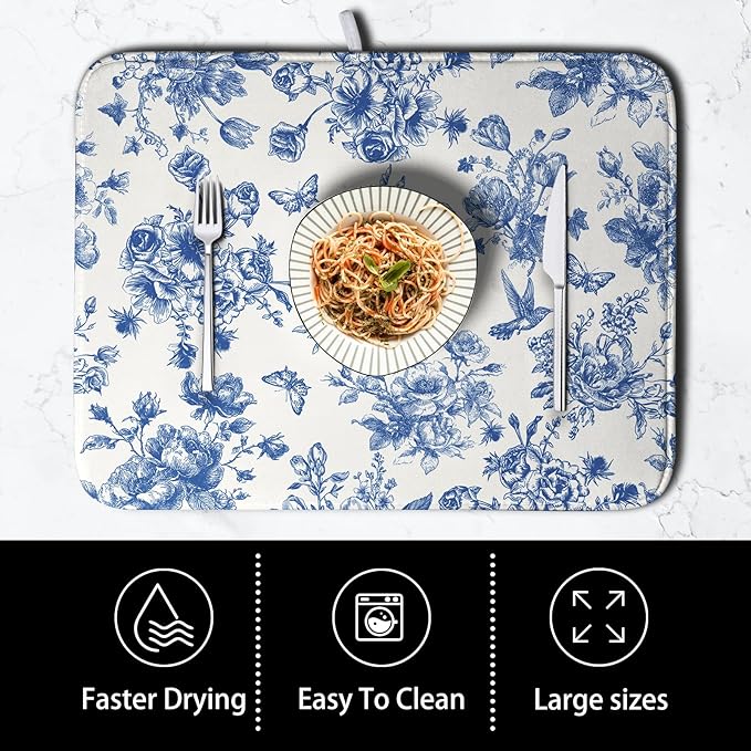 Dish Drying Mat for Kitchen Counter Blue and White Floral Drying Mats Chinoiserie Vintage Flowers Dish Drying Pad for Dishes Microfiber Absorbent Dish Drainer Rack Mat for Countertop 16x18 Inch - Image 4