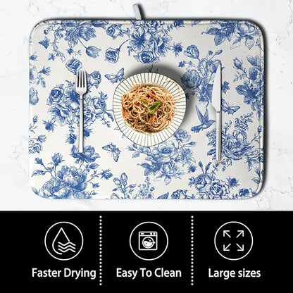 Dish Drying Mat for Kitchen Counter Blue and White Floral Drying Mats Chinoiserie Vintage Flowers Dish Drying Pad for Dishes Microfiber Absorbent Dish Drainer Rack Mat for Countertop 16x18 Inch - Image 4