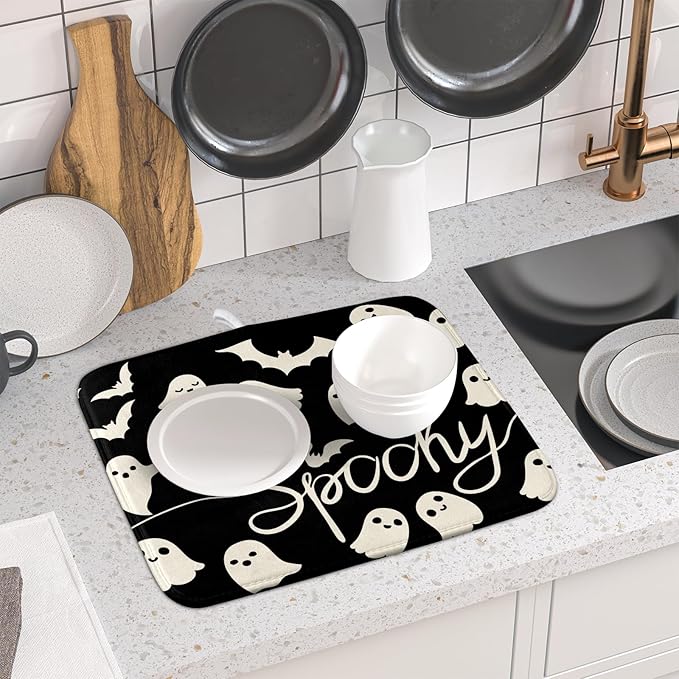 Halloween Dish Drying Mat for Kitchen Counter 16x18 Cute Ghost Black Spooky Holiday Scary Theme Absorbent Reversible Microfiber Drying Mats Kitchen Countertop Protector Dishes Drainer Pad - Image 6