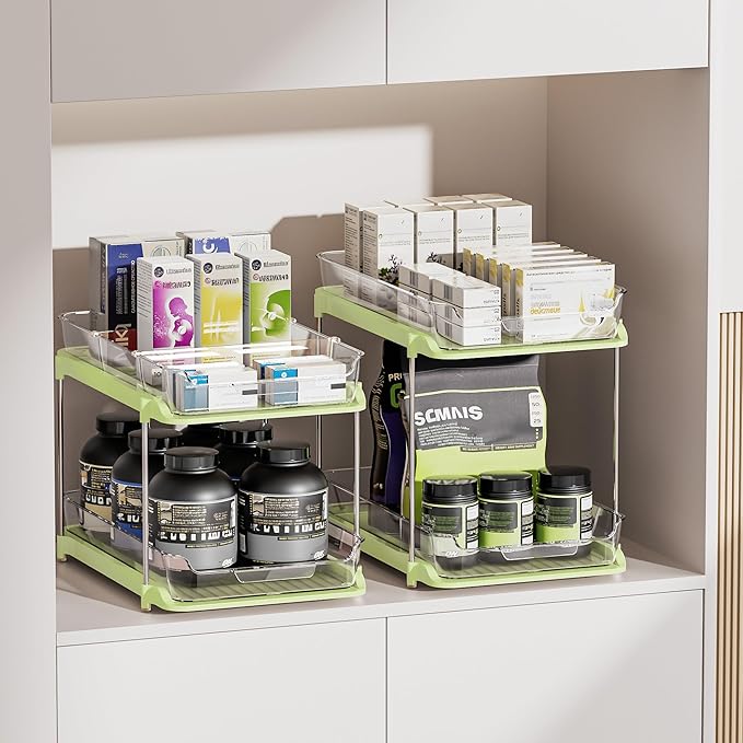 Delamu 2-Tier Multi-Purpose Bathroom Under Sink Organizers and Storage, Stackable Kitchen Pantry Organization, Pull Out Medicine Cabinet Organizer with Movable Dividers, Green, 2 Pack - Image 4