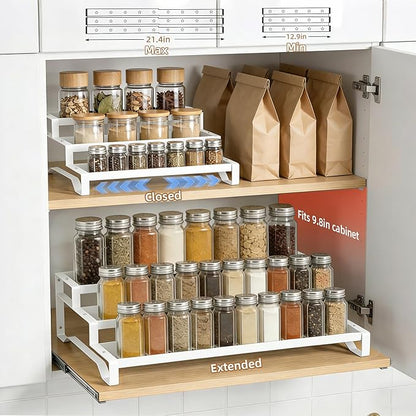 SANKEU Expandable Spice Rack Organizer for Cabinet 3 Tiered Metal Seasoning Organization with Guardrails Spice Shelf Storage for Jars Adjustable Length 13"-21" White 1Pack - Image 2
