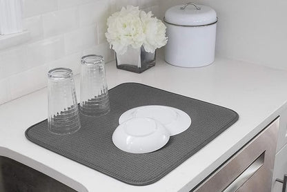 S&T INC. Dish Drying Mat 2 Pack, 16” x 18”, Absorbent Microfiber Kitchen Counter Mat, Dish Drying Pad for Dishes, Utensils, Pots and Pans, Large, Grey and Grey Trellis - Image 3