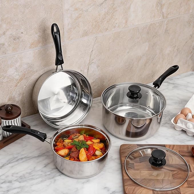 Stainless Steel Saucepan with Lid Set - 2.5QT & 3.5QT & 5.5QT, Triply Sauce Pan Induction Pot for Cooking, Boiling, Compatible with All Stoves, Transparent Lid, Oven & Dishwasher Safe - Image 7