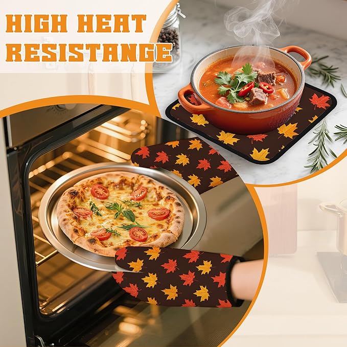Maple Leaf Oven Mitts and Pot Holders Set,Autumn Kitchen Decor Heat Resistant Non Slip Hot Pads and Oven Mitt for Chef Cooking Baking BBQ Mom Girl Gifts(4 Piece Set)