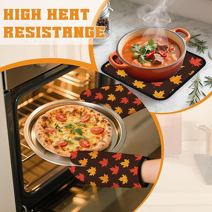 Maple Leaf Oven Mitts and Pot Holders Set,Autumn Kitchen Decor Heat Resistant Non Slip Hot Pads and Oven Mitt for Chef Cooking Baking BBQ Mom Girl Gifts(4 Piece Set)
