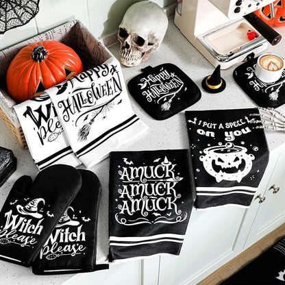 Fanfanwin 10 Pcs Halloween Kitchen Decor Set Witch Kitchen Towels and Rugs Pot Holders Oven Mitts Set for Home Cooking Dish Baking Decorative