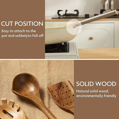Edergoo 4 PCS Acacia Wood Cooking Utensils Set with Magnetic Hanging Handles Stainless Steel, Heat-Resistant Multi Function Cooking Tools