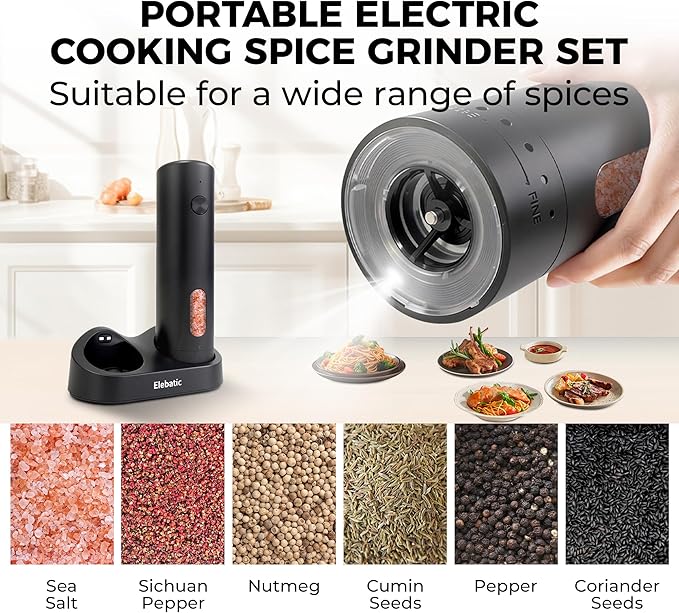 110ml Electric Salt and Pepper Grinder Set, Rechargeable salt and pepper shakers with LED Light, 2-Pack with Charging Base, External 6 Adjustable Coarseness, Holiday Gifts