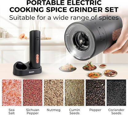 110ml Electric Salt and Pepper Grinder Set, Rechargeable salt and pepper shakers with LED Light, 2-Pack with Charging Base, External 6 Adjustable Coarseness, Holiday Gifts
