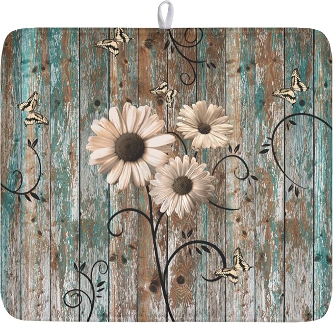 Dish Drying Mat for Kitchen Counter 16 x 18 Inch Rustic Vintage Daisy Floral Dish Drainer Mat Absorbent Microfiber Farmhouse Flowers Wooden Board Dish Rack Pad for Coffee Dining Bar Decor