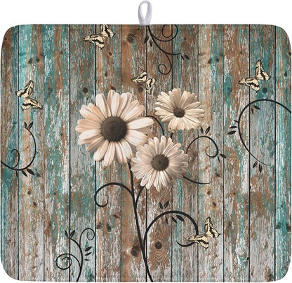 Dish Drying Mat for Kitchen Counter 16 x 18 Inch Rustic Vintage Daisy Floral Dish Drainer Mat Absorbent Microfiber Farmhouse Flowers Wooden Board Dish Rack Pad for Coffee Dining Bar Decor