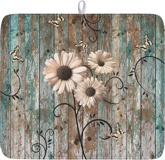 Dish Drying Mat for Kitchen Counter 16 x 18 Inch Rustic Vintage Daisy Floral Dish Drainer Mat Absorbent Microfiber Farmhouse Flowers Wooden Board Dish Rack Pad for Coffee Dining Bar Decor